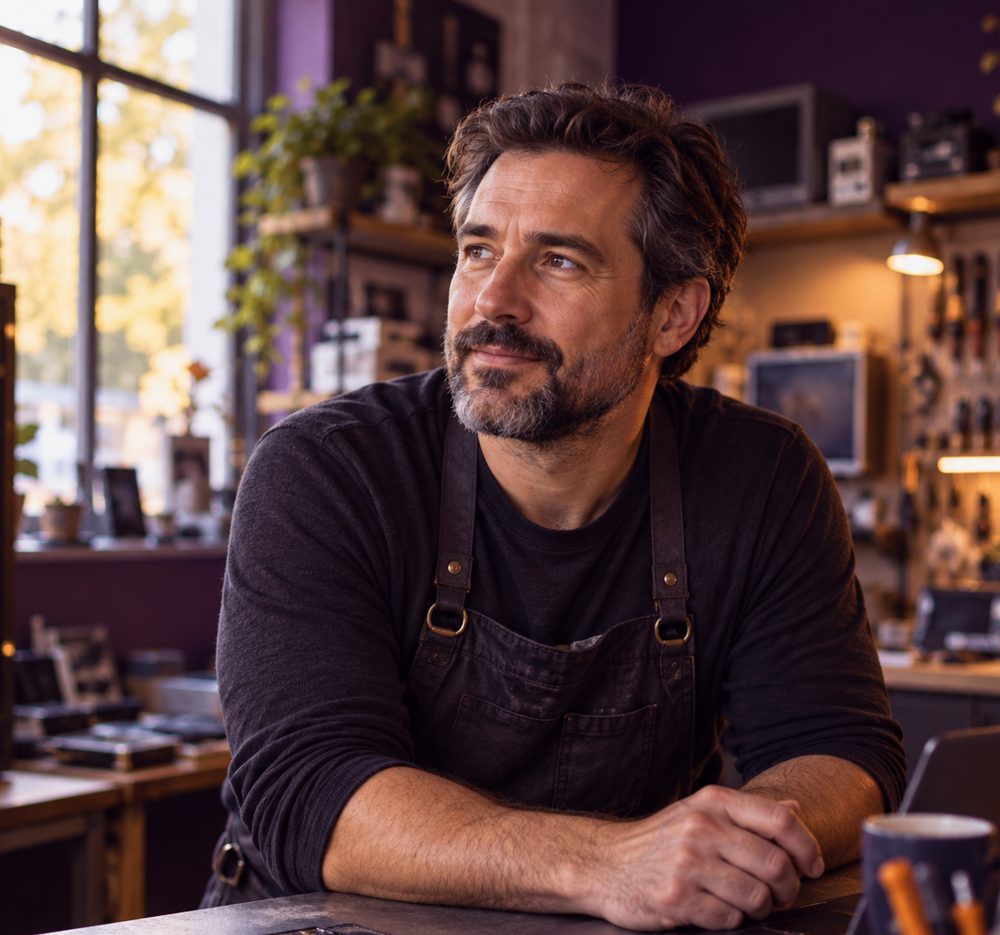 A business owner at his workbench